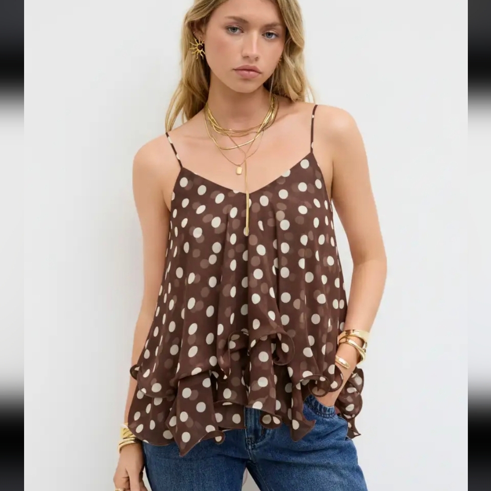 Cider Ruffle Hem Layered Coffee& Cream Polka Dot Layered Top NWT